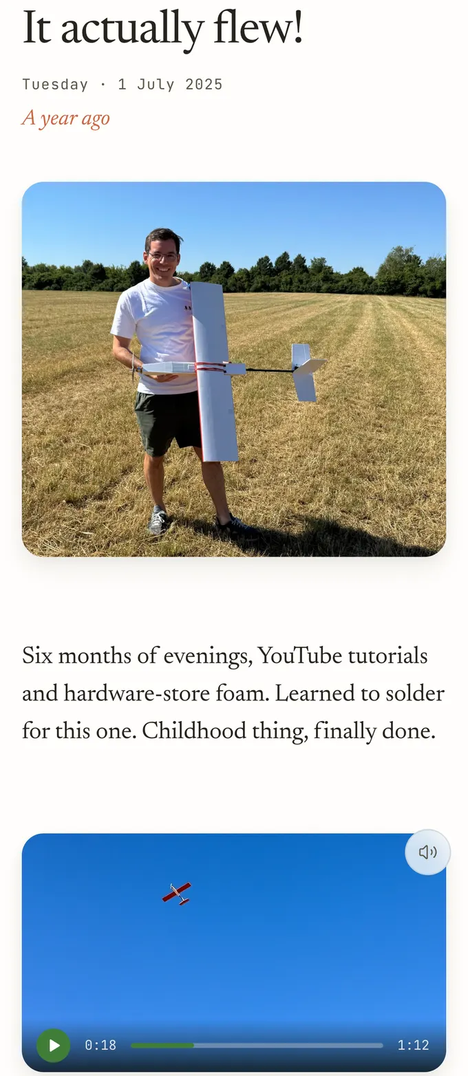 A Spark in the LifeSparks app: “It actually flew!”, 1 July 2025, a year ago, showing a man holding a home-built model plane in a field