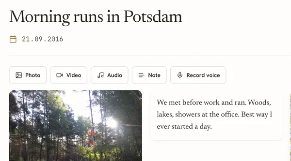 Creating a Spark in LifeSparks: the title “Morning runs in Potsdam”, its date, buttons for adding media, and the forest run next to a short note